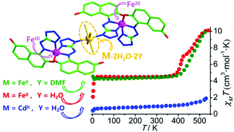 Graphical abstract: High temperature Fe(iii) spin crossover behaviours in three unprecedented FeIII–MII–FeIII (M = Fe, Cd) linear trinuclear complexes