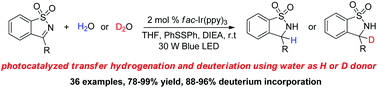 Graphical abstract: Photocatalyzed transfer hydrogenation and deuteriation of cyclic N-sulfonylimines