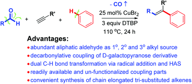 Graphical abstract: Regio- and stereo-selective decarbonylative alkylative arylation of terminal alkynes with aliphatic aldehydes and arenes via dual C–H bond functionalization