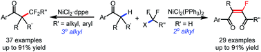 Graphical abstract: Highly stereoselective nickel-catalyzed difluoroalkylation of aryl ketones to tetrasubstituted monofluoroalkenes and quaternary alkyl difluorides