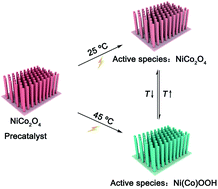 Graphical abstract: Temperature-regulated reversible transformation of spinel-to-oxyhydroxide active species for electrocatalytic water oxidation