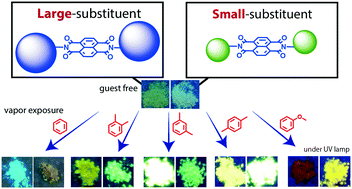 Graphical abstract: Inclusion crystals as vapochromic chemosensors: fabrication of a mini-sensor array for discrimination of small aromatic molecules based on side-chain engineering of naphthalenediimide derivatives