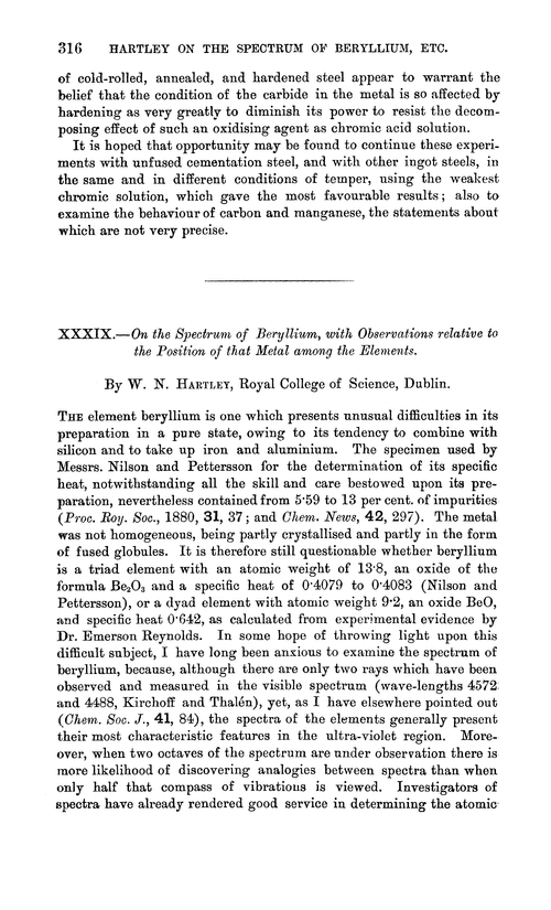 XXXIX.—On the spectrum of beryllium, with observations relative to the position of that metal among the elements