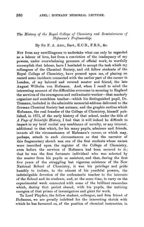 The history of the Royal College of Chemistry and reminiscences of Hofmann's professorship