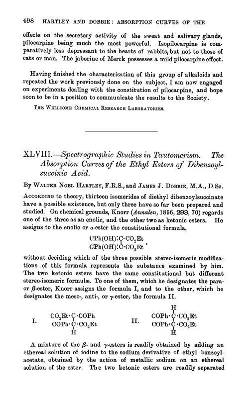 XLVIII.—Spectrographic studies in tautomerism. The absorption curves of the ethyl esters of dibenzoylsuccinic acid