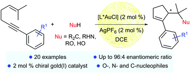Graphical abstract: Enantioselective gold(i)-catalyzed cyclization/intermolecular nucleophilic additions of 1,5-enyne derivatives