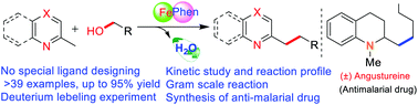 Graphical abstract: Iron-catalysed alkylation of 2-methyl and 4-methyl azaarenes with alcohols via C–H bond activation