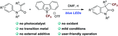 Graphical abstract: Photocatalyst and additive-free visible light induced trifluoromethylation–arylation of N-arylacrylamides with Umemoto's reagent