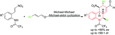 Graphical abstract: One-pot asymmetric synthesis of a hexahydrophenanthridine scaffold containing five stereocenters via an organocatalytic quadruple-cascade reaction