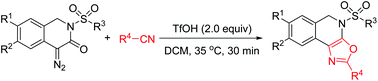 Graphical abstract: TfOH-promoted synthesis of 4,5-dihydrooxazolo[5,4-c]isoquinolines via formal [3 + 2] cycloaddition of 4-diazoisoquinolin-3-one and benzonitriles