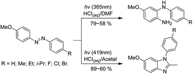 Graphical abstract: The selective synthesis of N-arylbenzene-1,2-diamines or 1-arylbenzimidazoles by irradiating 4-methoxy-4′-substituted-azobenzenes in different solvents