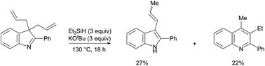 Graphical abstract: Et3SiH + KOtBu provide multiple reactive intermediates that compete in the reactions and rearrangements of benzylnitriles and indolenines