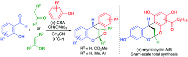 Graphical abstract: Acid-catalysed iterative generation of o-quinone methides for the synthesis of dioxabicyclo[3.3.1]nonanes: total synthesis of myristicyclins A–B