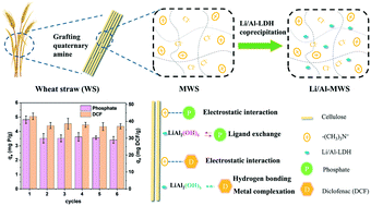 Graphical abstract: Simultaneous adsorption of phosphate and diclofenac by Li/Al layered double hydroxides loaded on modified wheat straw