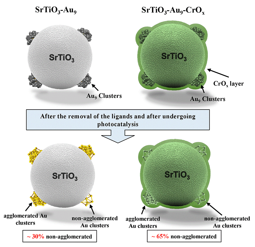 Graphical abstract: Suppression of phosphine-protected Au9 cluster agglomeration on SrTiO3 particles using a chromium hydroxide layer