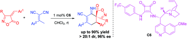 Graphical abstract: A bifunctional squaramide-catalysed enantioselective vinylogous Michael addition/cyclization cascade reaction of 4-unsaturated isoxazol-5-ones and α,α-dicyanoalkenes