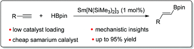Graphical abstract: Samarium(iii) catalyzed synthesis of alkenylboron compounds via hydroboration of alkynes