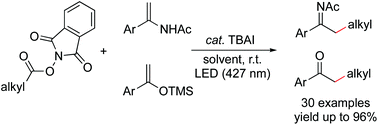 Graphical abstract: Photocatalytic decarboxylative alkylation of silyl enol ether and enamide with N-(acyloxy)phthalimide using ammonium iodide