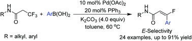 Graphical abstract: Palladium-catalyzed selective defluorinative arylation for the efficient stereospecific synthesis of (E)-β-fluoroacrylamides