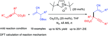 Graphical abstract: A combined experimental and computational study of NHC-catalyzed allylation of allenoate with MBH esters: new regiospecific and stereoselective access to 1,5-enyne