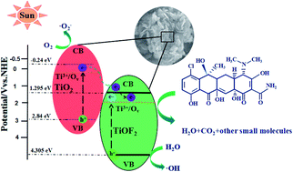 Graphical abstract: The preparation of three-dimensional flower-like TiO2/TiOF2 photocatalyst and its efficient degradation of tetracycline hydrochloride