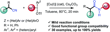 Graphical abstract: Copper-catalyzed transformation of alkyl nitriles to N-arylacetamide using diaryliodonium salts