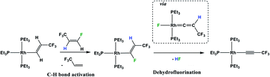 Graphical abstract: Competing C–H and C–F bond activation reactions of a fluorinated olefin at Rh: a fluorido vinylidene complex as an intermediate in an unprecedented dehydrofluorination step