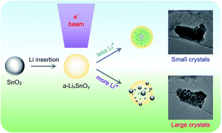 Graphical abstract: In situ TEM investigation of large crystal formation in lithiated SnO2 anode assisted by electron beam irradiation