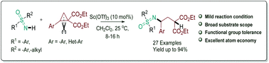 Graphical abstract: Lewis acid triggered N-alkylation of sulfoximines through nucleophilic ring-opening of donor–acceptor cyclopropanes: synthesis of γ-sulfoximino malonic diesters