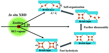 Graphical abstract: In situ synchrotron X-ray diffraction reveals the disassembly–organisation mechanism of germanosilicate zeolites in HCl vapour