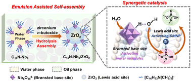 Graphical abstract: Immobilization of Brønsted basic hexaniobate on the Lewis acidic zirconia using an emulsion assisted self-assembly strategy for synergistic boosting of nerve agent simulant decontamination