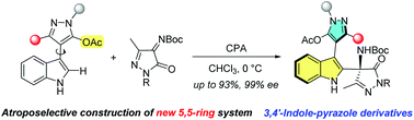 Graphical abstract: Catalytic asymmetric synthesis of 3,4′-indole–pyrazole derivatives featuring axially chiral bis-pentatomic heteroaryls