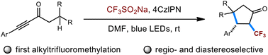 Graphical abstract: A diastereoselective synthesis of cyclopentanones via photocatalytic reductive alkyltrifluoromethylation of ynones