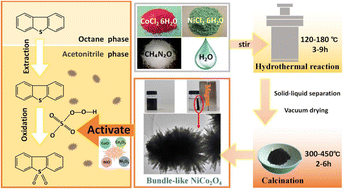 Graphical abstract: Preparation of magnetic urchin-like NiCo2O4 powders by hydrothermal synthesis for catalytic oxidative desulfurization