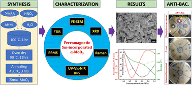 Graphical abstract: Structural, optical, magnetic, and enhanced antibacterial properties of hydrothermally synthesized Sm-incorporating α-MoO3 2D-layered nanoplates