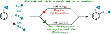 Graphical abstract: A manganese(i)tricarbonyl-catalyst for near room temperature alkene and alkyne hydroarylation