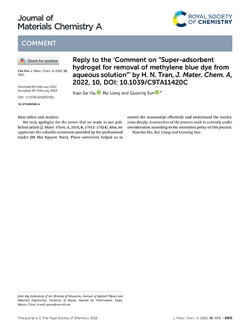 Reply to the ‘Comment on “Super-adsorbent hydrogel for removal of methylene blue dye from aqueous solution”’ by H. N. Tran, J. Mater. Chem. A, 2022, 10, DOI: 10.1039/C9TA11420C