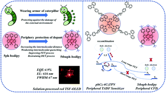 Graphical abstract: A periphery hindered strategy with a dopant and sensitizer for solution-processed red TSF-OLEDs with high color purity