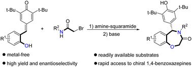 Graphical abstract: Metal-free and enantioselective synthesis of 1,4-benzoxazepines from para-quinone methide derivatives and α-bromohydroxamates