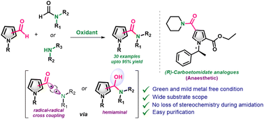 Graphical abstract: Divergent synthesis of pyrrole carboxamides from pyrrole carboxaldehyde and formamides/amines via oxidative amidation involving pyrrole acyl radicals
