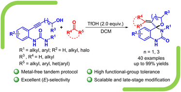 Graphical abstract: Leveraging cascade alkynyl Prins cyclization towards the stereoselective synthesis of spiro-furan quinazolinone scaffolds