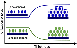 Graphical abstract: The ionization energy of α-sexithiophene and p-sexiphenyl in 2D and 3D thin films grown on silicon oxide surfaces