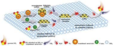Graphical abstract: Mechanism of ammonium bisulfate deposition on V1M5/Ti catalysts with synergistic effects of V and M (M = Ce, Co, Fe, and Mn) in low-temperature NH3-SCR