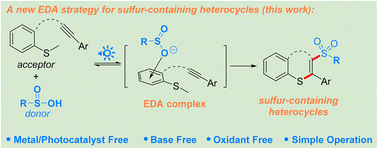 Graphical abstract: A general electron donor–acceptor complex enabled cascade cyclization of alkynes to access sulfur-containing heterocycles