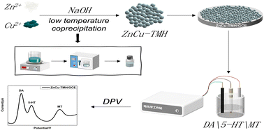 Graphical abstract: An amorphous zinc/copper double transition metal hydroxides for electrochemical simultaneous detection of dopamine, serotonin, and melatonin