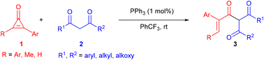 Graphical abstract: Phosphine-catalyzed ring-opening reaction of cyclopropenones with dicarbonyl compounds