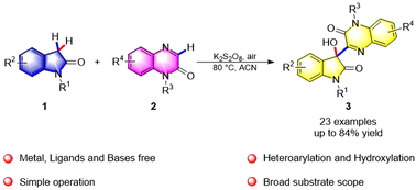 Graphical abstract: K2S2O8-mediated direct C–H heteroarylation/hydroxylation of indolin-2-ones with quinoxalin-2(1H)-ones