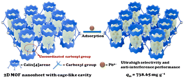 Graphical abstract: Fabrication of ultrathin two-dimensional MOF nanosheets with cage-like cavities showing excellent adsorption for lead(ii)