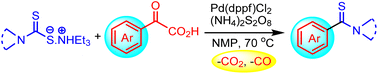 Graphical abstract: Dithiocarbamate-mediated thioamidation of arylglyoxylic acids by decarboxylative–decarbonylative C–C bond formation reactions