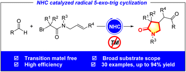 Graphical abstract: Synthesis of 2-pyrrolidinone derivatives via N-heterocyclic carbene catalyzed radical tandem cyclization/coupling reactions